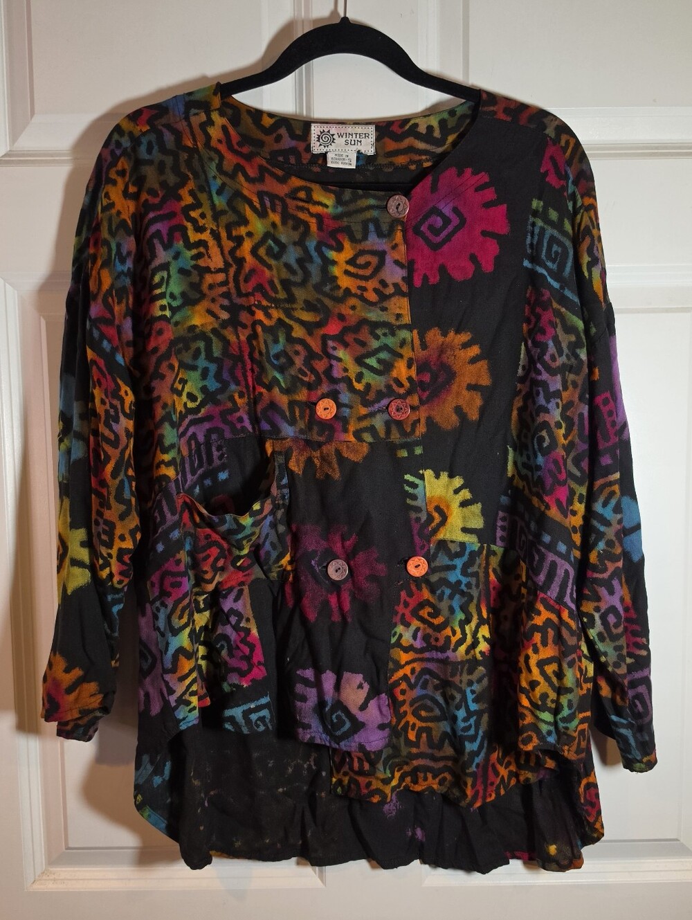 Winter Sun Multicolor Abstract Button-Front Tunic Top Unique Rayon S